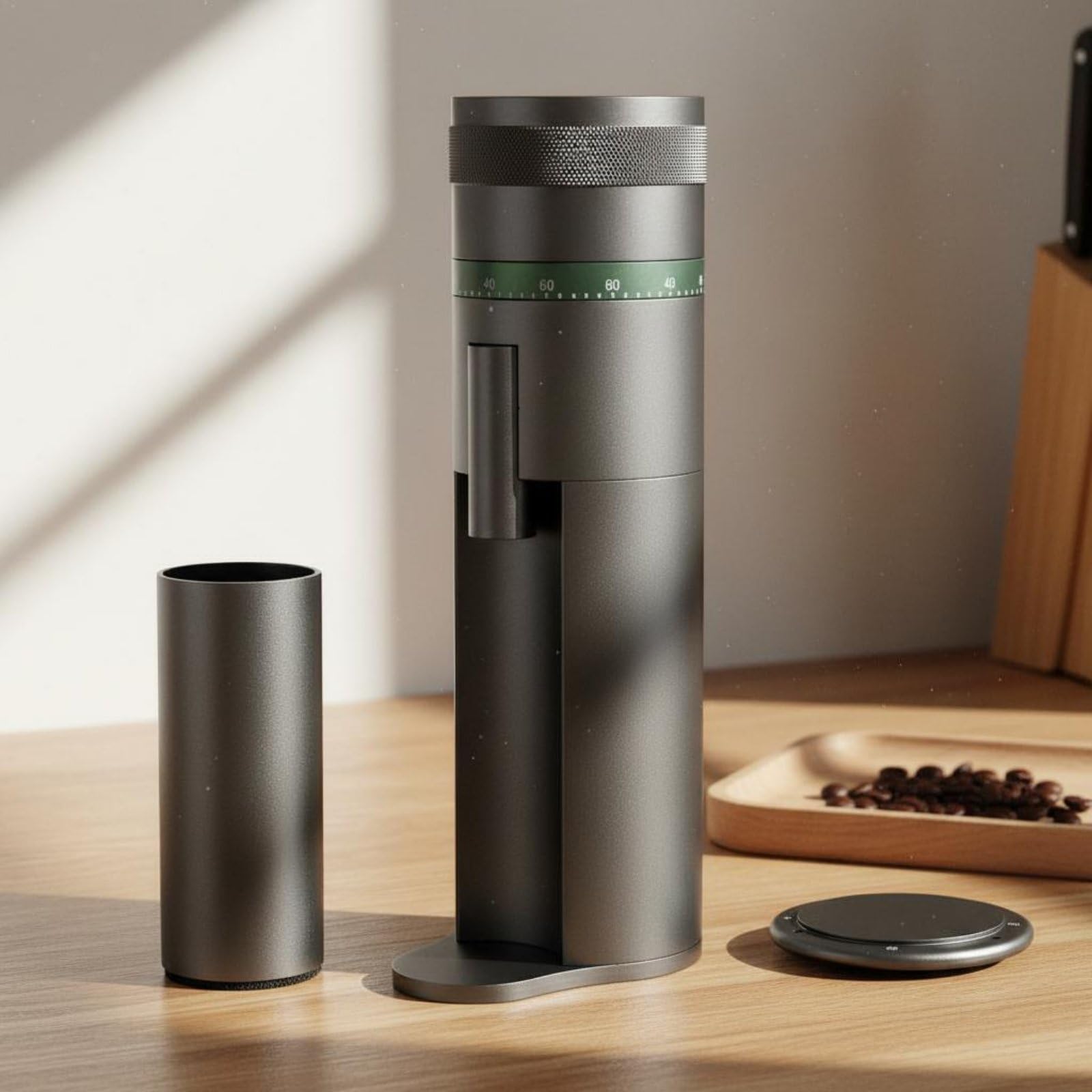 Molinillo de Café Eléctrico Molinillo Cono de Acero 420 y Estructura Metálica Compacta Granulometría Regulable y, Molino De Café Cilíndrico En Color Gris Oscuro Con Base