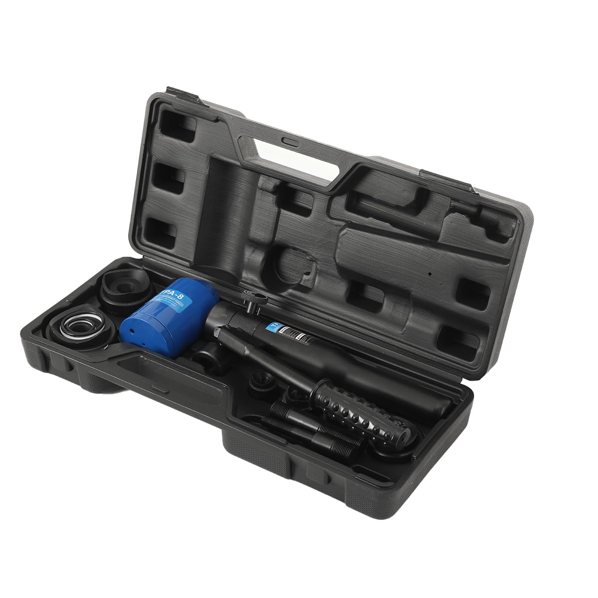 Punzonatrice Idraulica 8T con 6 Matrici 22,5–61,5 mm, Kit di Punzonatura per Lamiera e Acciaio Inox fino a 3,5 mm, Testa Rotante 360°