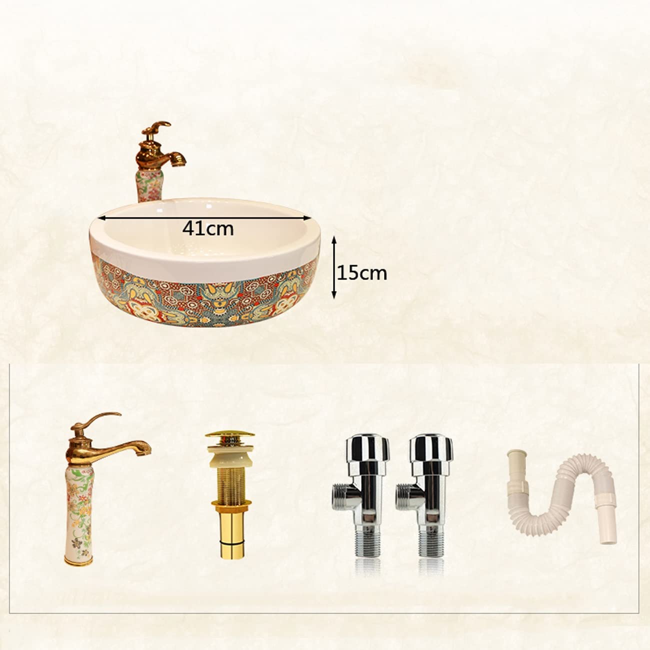 Lavandino da appoggio, lavabo da appoggio in Ceramica Artistica Rotonda per Bagno con Rubinetto e Scarico a Scomparsa