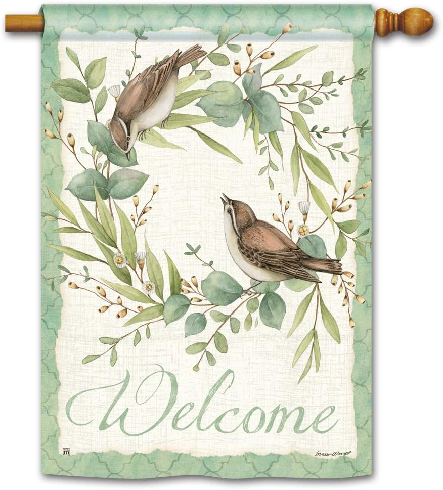 BreezeArt Studio M Eucalyptus Wreath Decorative Spring Summer Birds Standard House Flag Banner – Premium Quality, 28 x 40 Inches