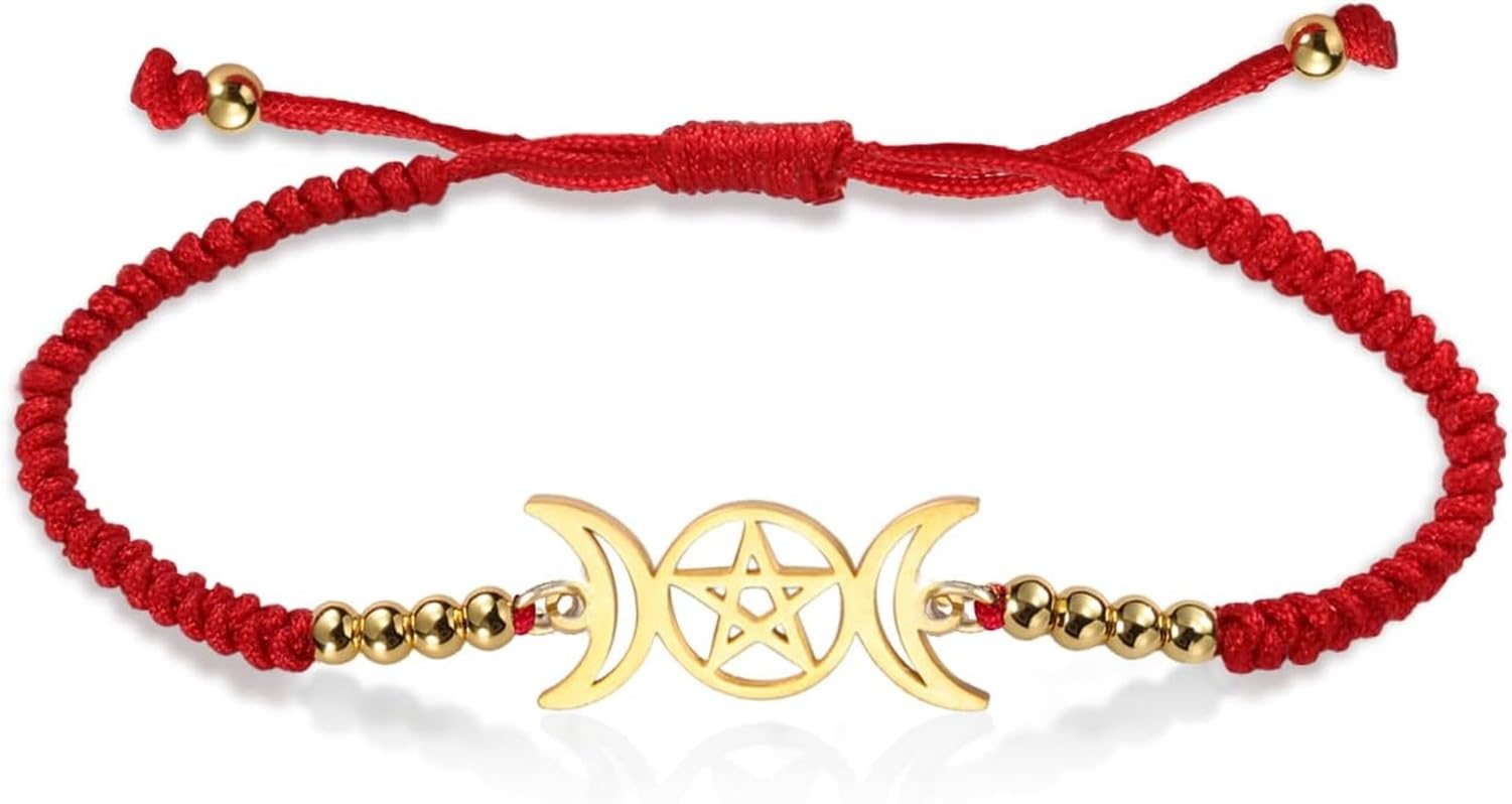 Faozhuo Triple Moon Goddess Rope Bracelet Handmade Braided Pentagram Amulet Pentacle String Bracelet Wiccan Pagan Jewelry for Women Men, Red