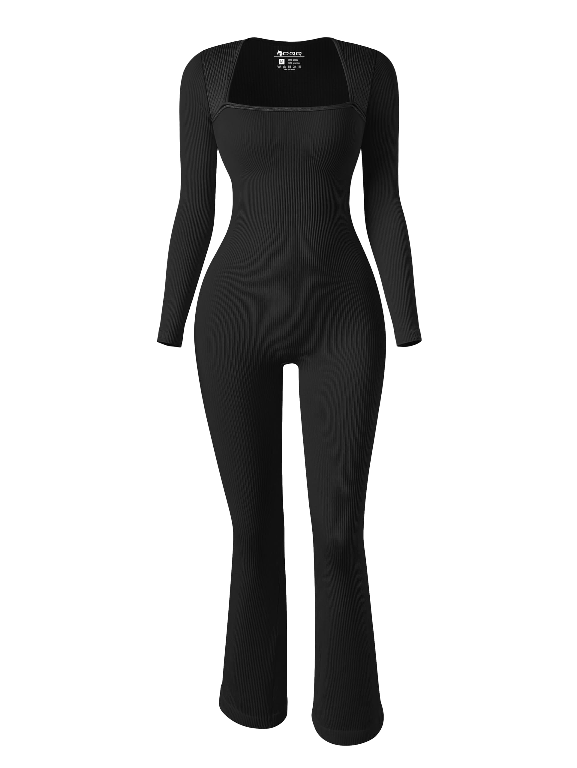 OQQLong Sleeve Jumpsuits for Women Ribbed Long Sleeve Yoga Bell Bottoms Flare Jumpsuits