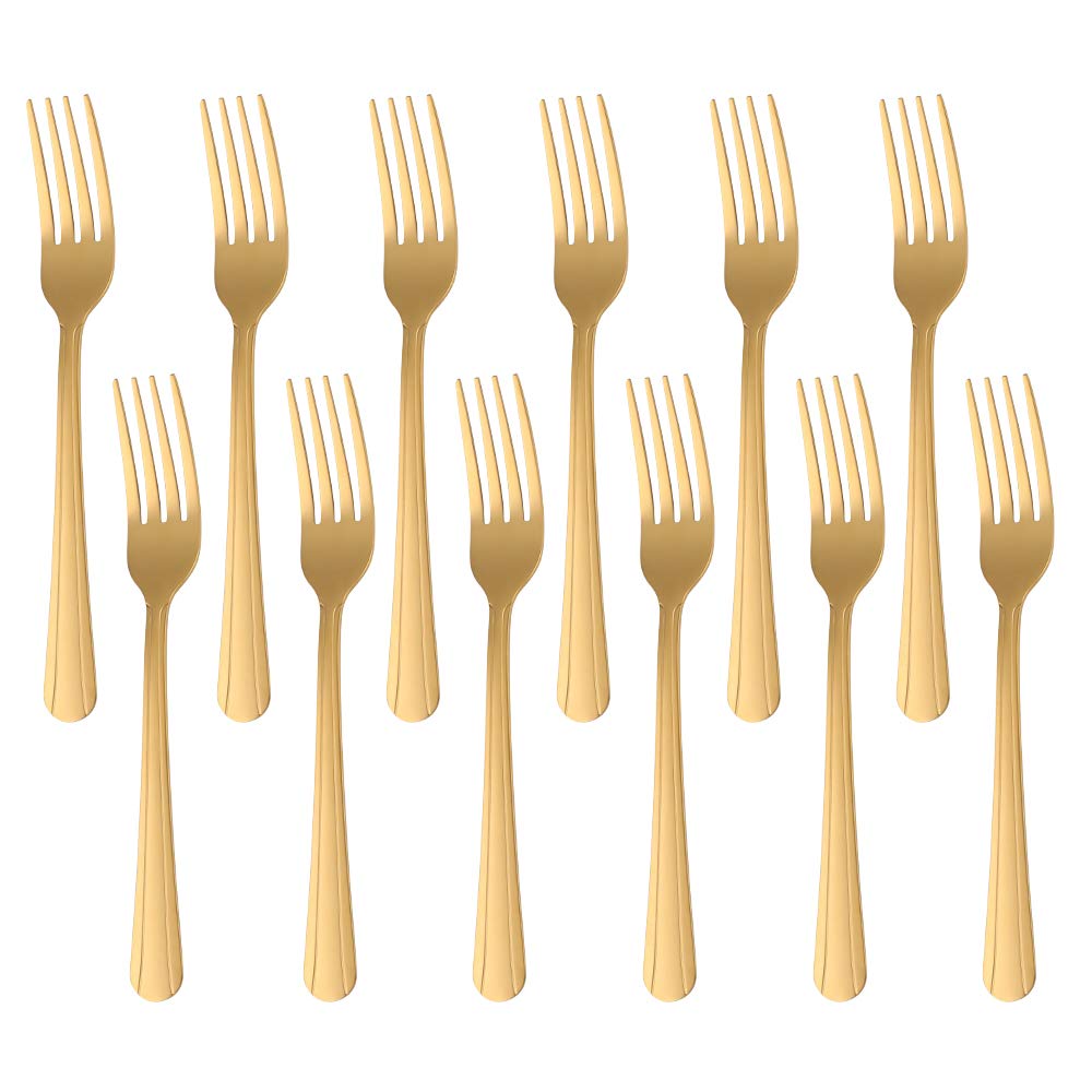 MINGYU Dinner Forks Stainless Steel Set of 12 - Lightweight Gold Titanium Fork Silverware Salad Forks Flatware Sets Dishwasher Safe for Restaurant Wedding Party