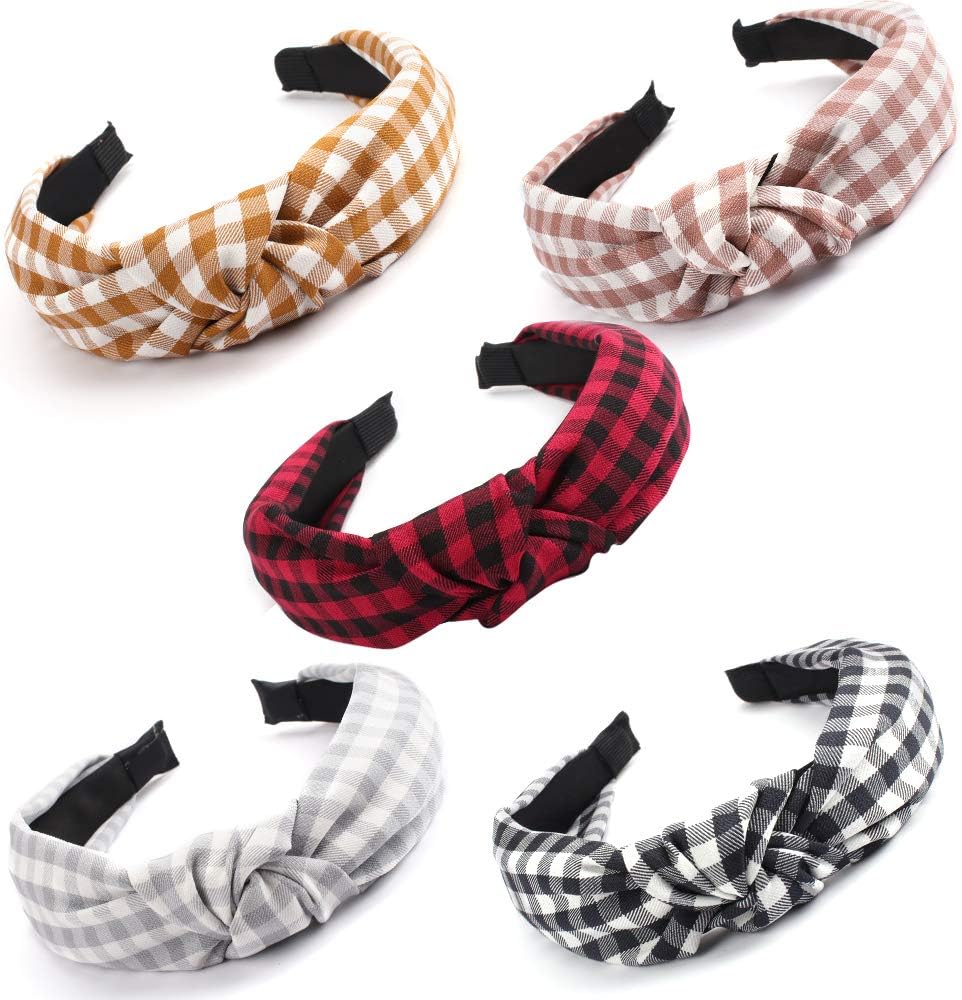 VELSCRUN 5 Pcs Knotted Vintage Women's Wide Buffalo Plaid Hair Knot Headbands in 5 Colors
