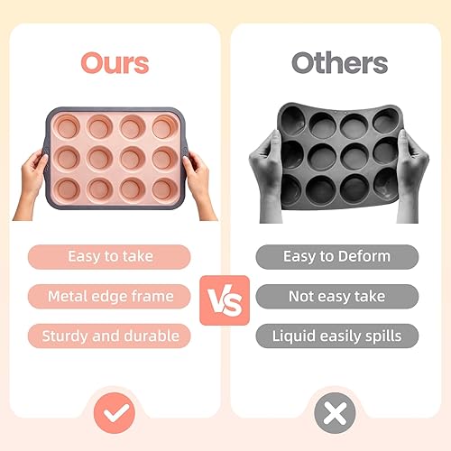 Miniatura 3 de Molde de silicona para magdalenas de 12 tazas para hornear, molde antiadherente prémium para magdalenas con marco reforzado de metal, moldes de