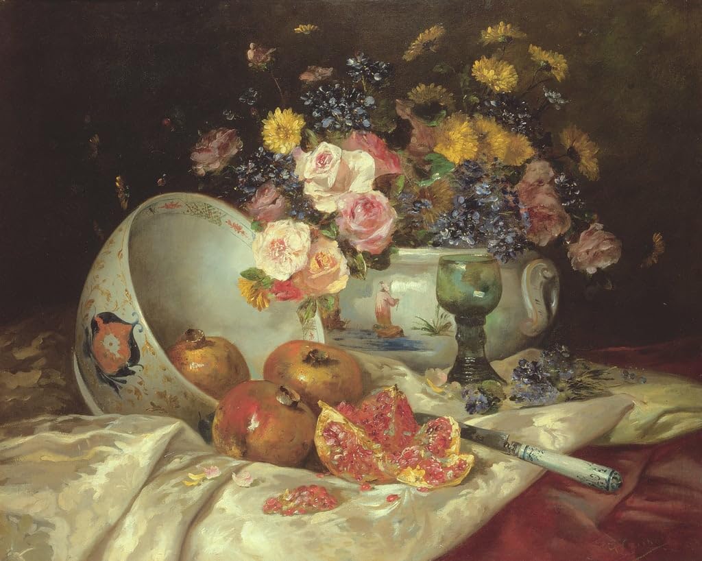 Poster fleurs dans un vase chinois avec grenades Eugene Cauchois