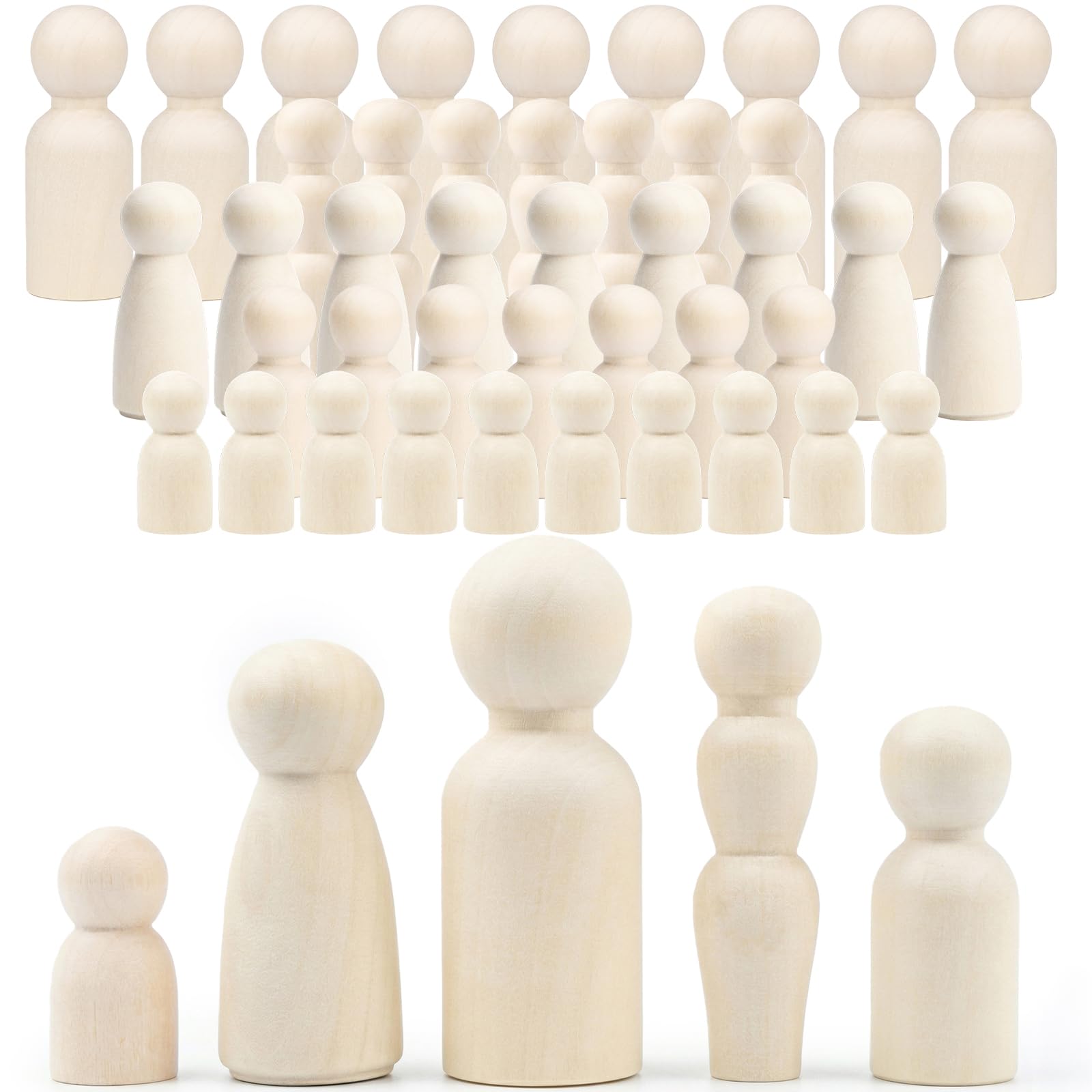 PUYUKO 40 Pcs Wooden Peg Dolls, Wood Dolly Pegs in 5 Shapes & Sizes for Craft, Mini People Figures to Paint, Small Wood Doll Bodies for DIY Crafts, Doll House & Small World Decor, Wooden Angels