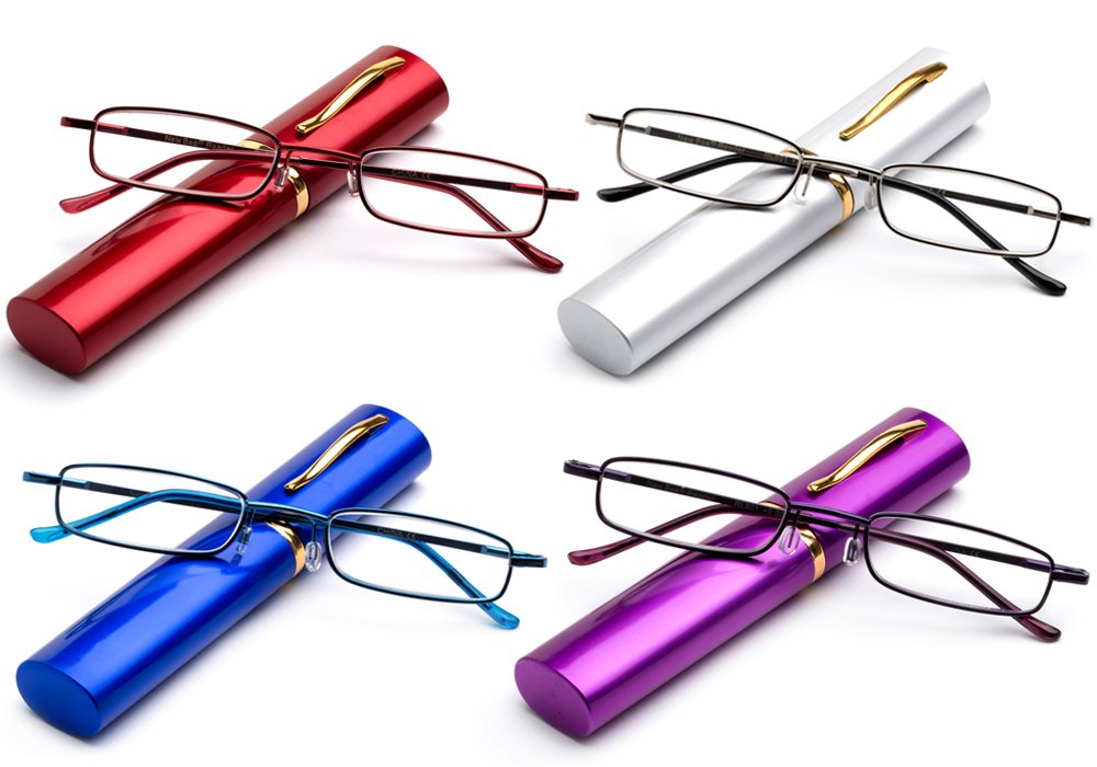 Newbee Fashion Reading Glasses unisex-adult „Tasche“ Rohr Leser leicht kompakt auf dem Sprung kleinen kompakte Stifthalter tragbaren Fest Fa 4er-Pack lila, Silber, rot und blau