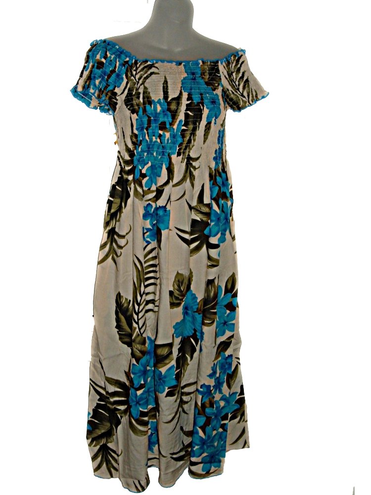 Hawaiian Cream & Turquoise Blue Floral Cap-Sleeve Long Sun Dress (M-XL) f15