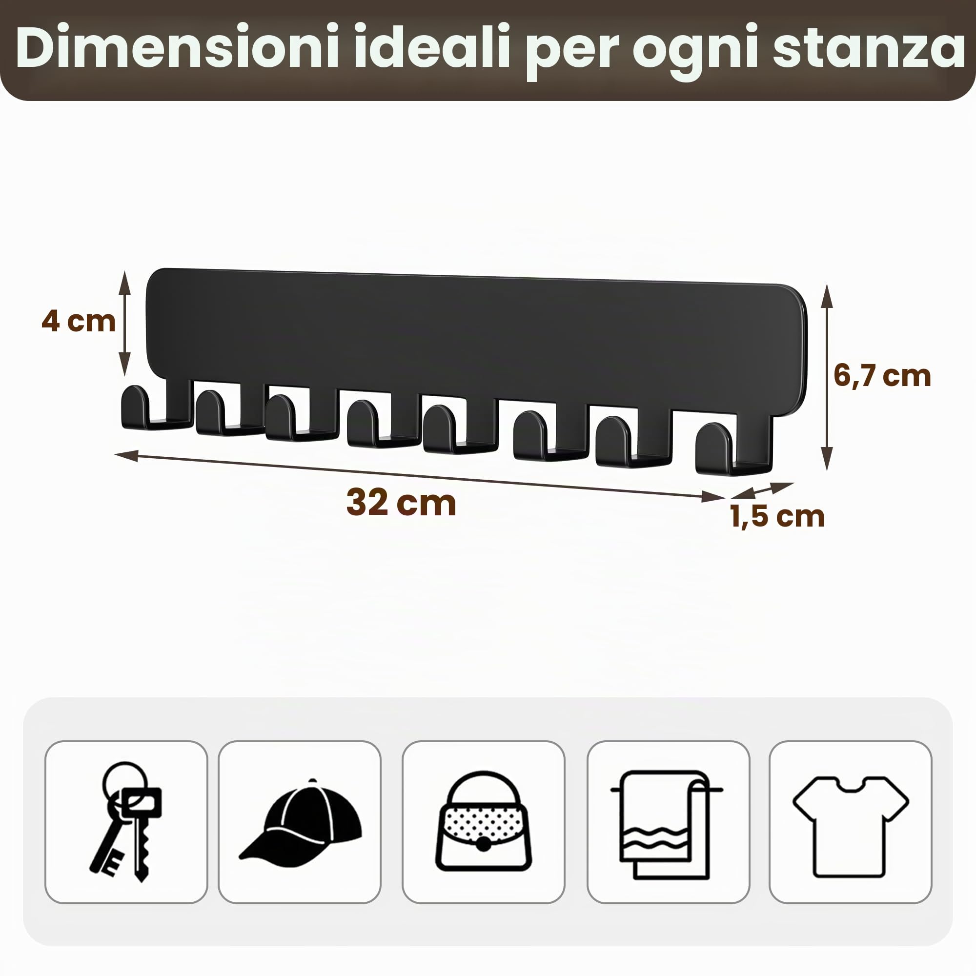 pickpiff Ganci portachiavi da parete, portachiavi adesivo senza forare da applicare al muro, Nero 1 Pezzo