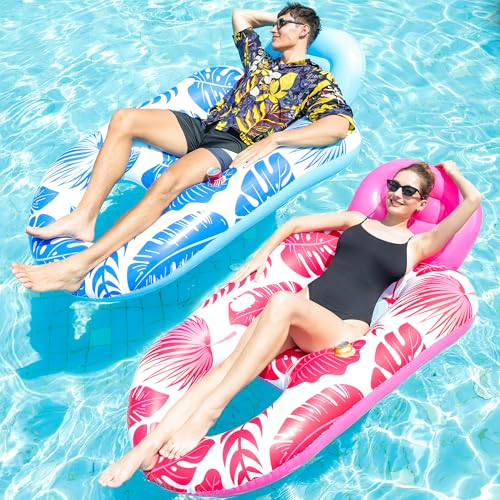 FindUWill Inflatable Pool Floats Lounger for Adult - 2 Pack Large Pool Floats with Cup Holders, Inflatable Pool Loungers Pool Rafts for Vacation, Pool Floaties with Backrest, Footrest