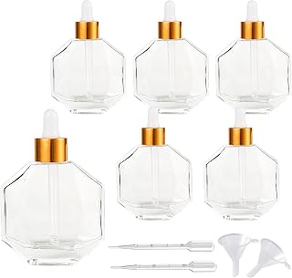 Clear Dropper Bottles for Essential Oils 6 Pcs 50ml/1.7oz Transparent Glass Perfume Bottles with Eye Dropper, for Serums Hair Oils and other liquids (Clear-Gold Lids, 1.7 OZ)