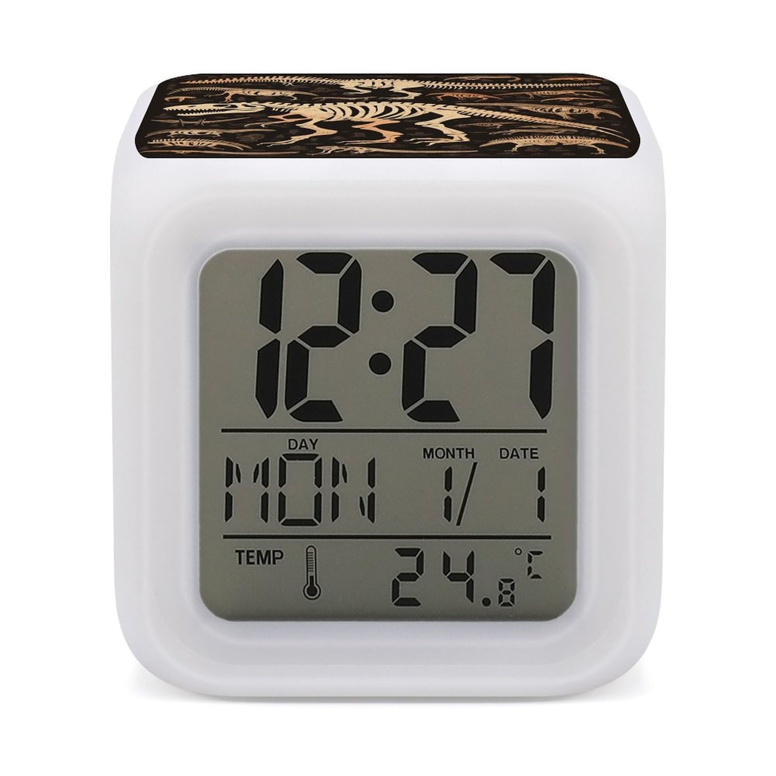 VstaDank Dinosaur Skeleton Print Alarm Clocks with 7 Color Changing Night Light Exquisite Bedroom Digital Clocks with LED Temperature Display Desk Clock Ok to Wake Clocks for Heavy Sleeper