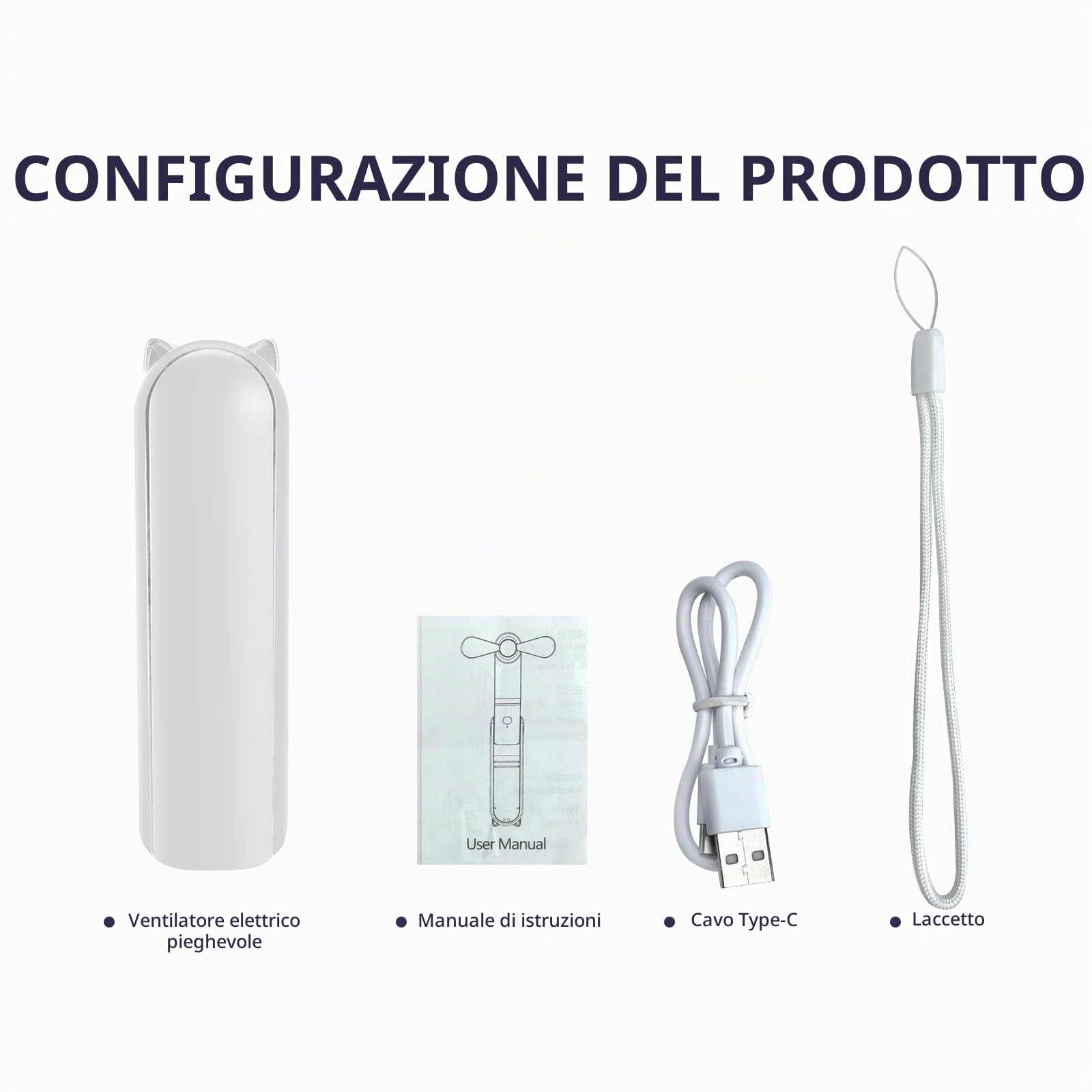 Jsdoin Ventilatore Portatile, 3 Velocità Ricaricabile Ventilatore Tascabile con Banca di potere, Cordino, Mini Ventilatore per Casa, Ufficio, Viaggi e all’aperto (Bianco)