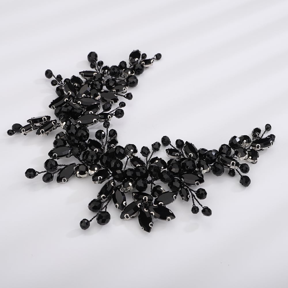 Kercisbeauty Black Rhinestones Crystal Beads Headband Adjustable Handmade Hair Jewelry for Women Girls Wedding Bridal Hair Styling Jewelry - Image 2