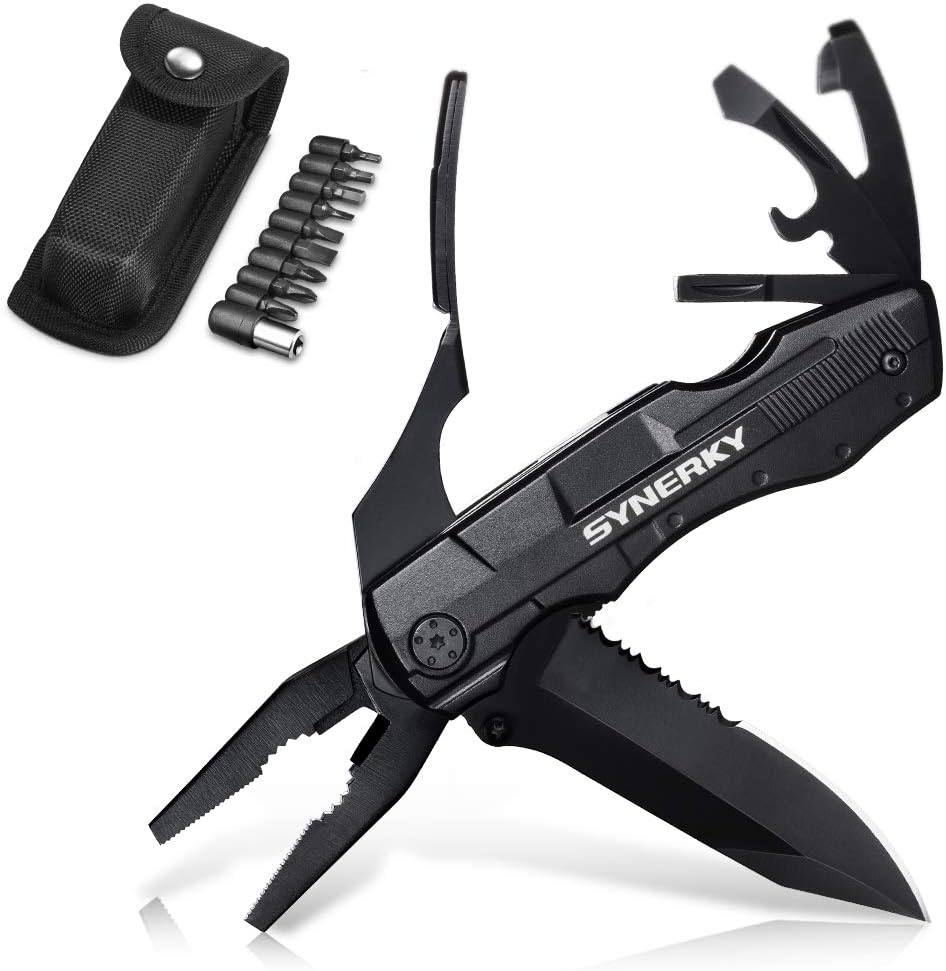 Multitool Knife Multi-Purpose Pliers, Synerky 5-in-1 Portable Pocket Knife Stainless Steel Multi Tool Set with Plier Foldable Design, 9-in-1 Screwdriver Bit Set Ideal Pocket Tool for Outdoor Survival