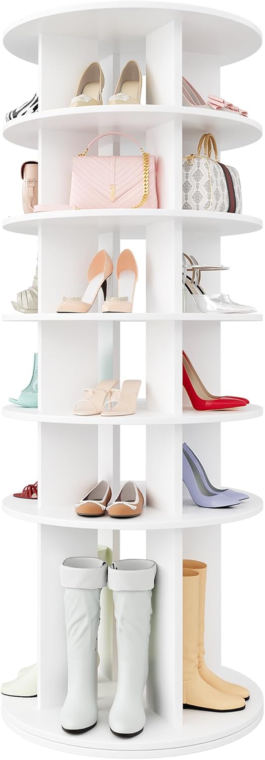 YESHOMY 6-Tier Rotating Shoe Rack Tower, 360° Spinning Vertical Shoe & Handbag Organizer with Lazy Susan Base, Space-Saving Storage for Closet, Bedroom & Entryway, White