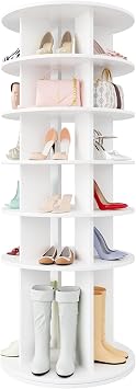 YESHOMY 6-Tier Rotating Shoe Rack Tower, 360 Spinning Vertical Shoe & Handbag Organizer with Lazy Susan Base, Space-Saving Storage for Closet, Bedroom & Entryway, White