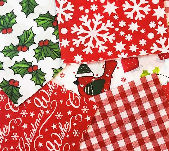 100% Polycotton Fabric Patchwork Squares - Christmas Snowflakes Gingermen Bread Puddings Dogs Red Green - Sewing Quilting Dress Fabric - Simply Sew Crafty™ (5", Red & White)