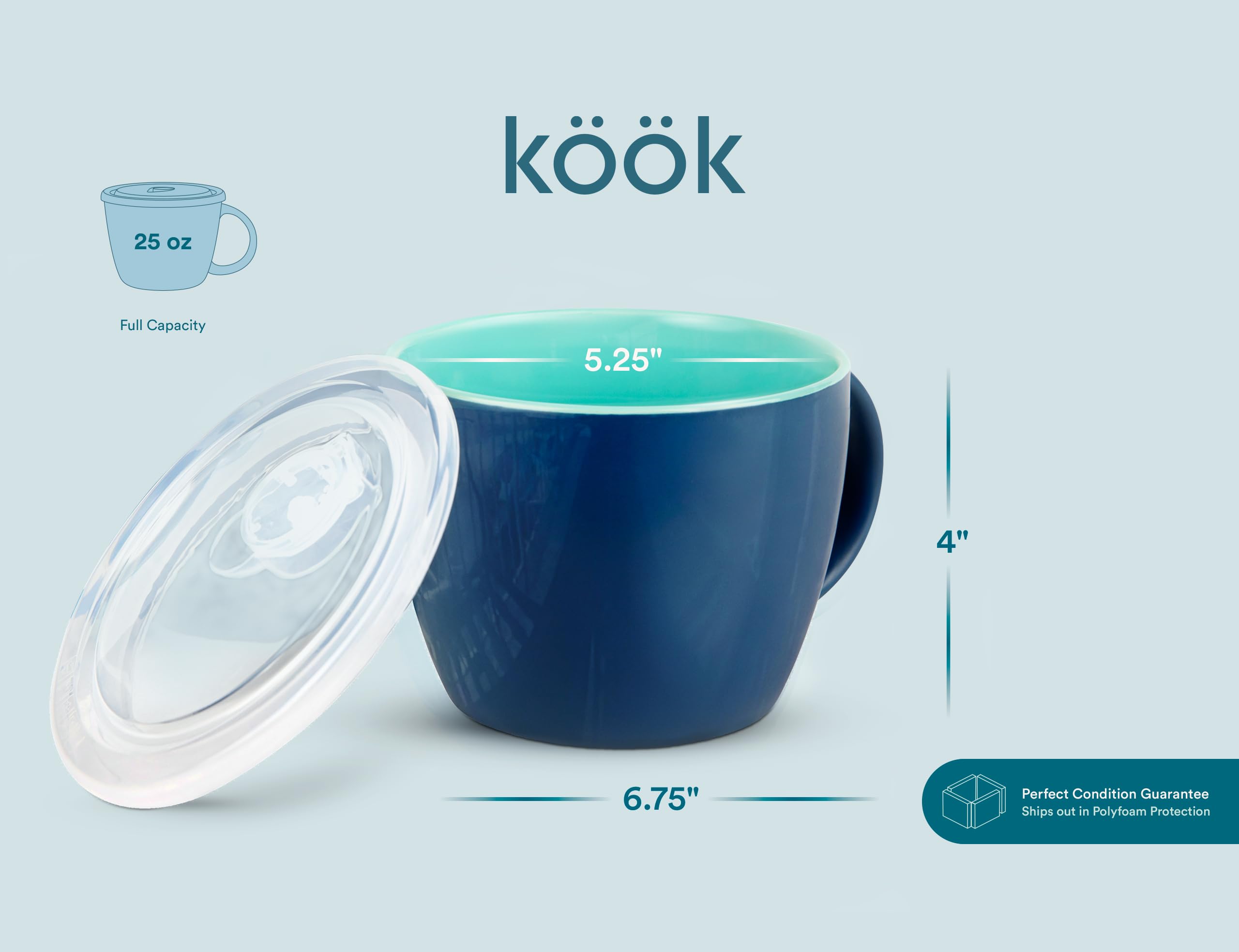 Ceramiczne kubki do zupy z uchwytem, firmy Kook, wentylowana plastikowa pokrywka, idealne do owsa na noc, można używać w kuchence mikrofalowej, kubki podróżne, do kawy, płatków, makaronu i herbaty, 700 ml, zestaw 2 szt. (granatowy/jadeitowy)