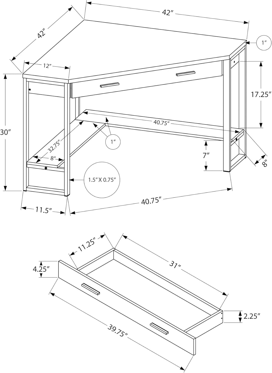 Monarch Specialties Corner Desk with Storage and Shelf Laptop PC Study Table-Workstation for Home Office, 42" L, Brown Reclaimed Wood Look