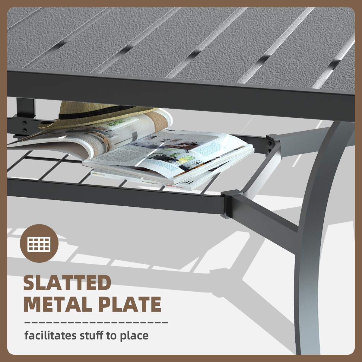 Close-up of the slatted metal plate under the table, used as a storage shelf