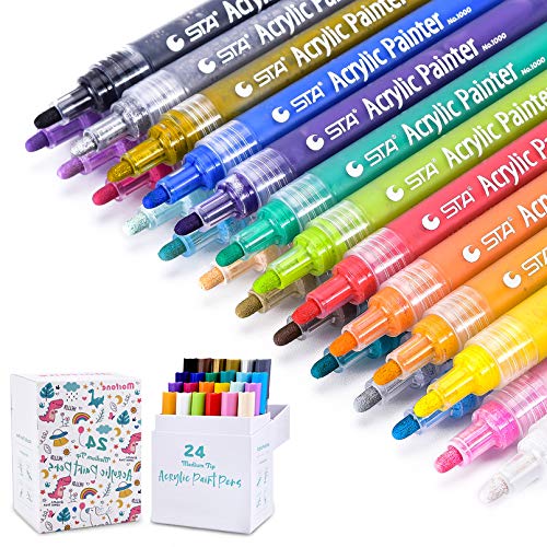 Acrylic Paint Pens, Morfone Markers 24 Colors Water Based Pen for Rock Painting, Canvas, Glass, Ceramic, Mugs, Wood, Crafts, School Project (Medium Tip)