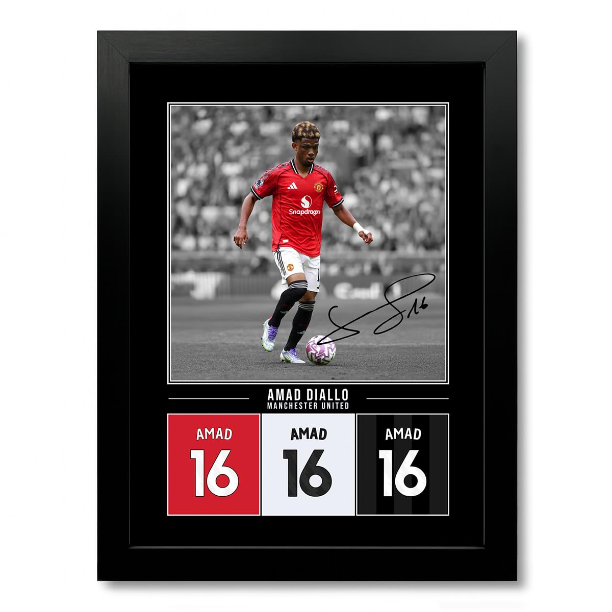 Amad Diallo Manchester United Signed Photo Poster Print Picture Display Framed Autograph Memorabilia for Football Fans Gift Man Utd Ivory Coast (A4 Black Framed)