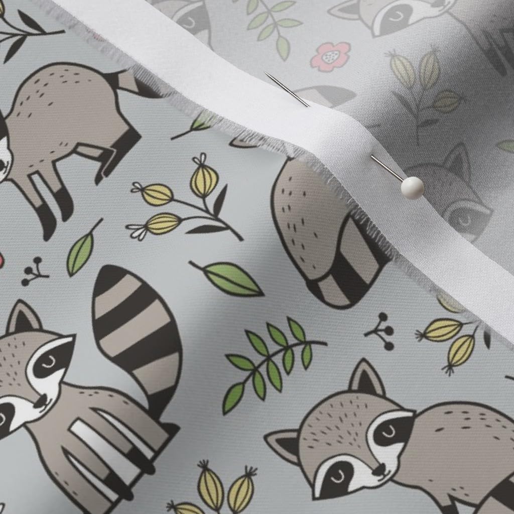 Spoonflower Fabric - Raccoon Leaves Flowers Light Gray Smaller Raccoons Woodland Fall Printed on Organic Cotton Sateen Fabric by The Yard - Sewing Quilting Apparel Home Decor