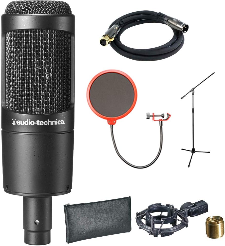 Audio-Technica Cardioid Condenser Microphone (AT2035) with XLR 10' Male to Female Gold Plated Cable, Microphone Wind Screen with Mic Stand Clip & Professional Microphone Stand with Boom