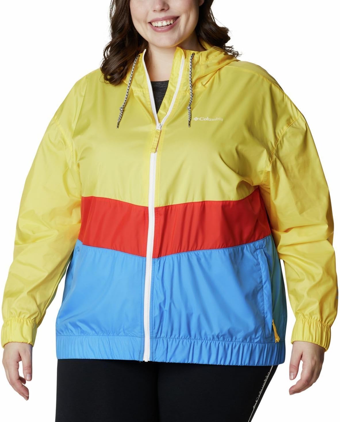 Columbia Women's Plus Size Sandy Sail Windbreaker Jacket (Sunglow/Bold Orange/Harbor Blue, 2X)