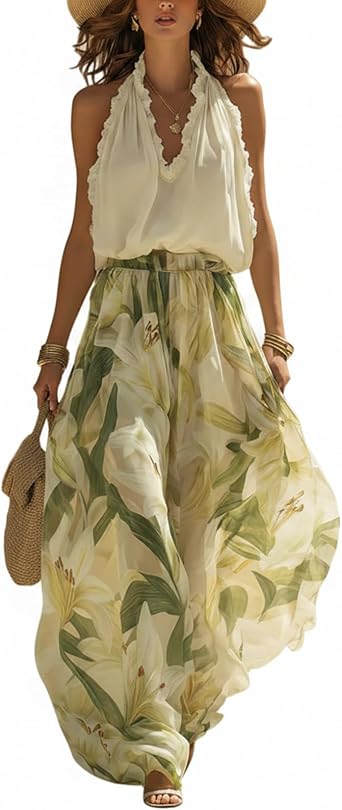 TIAFORD Womens Sleeveless 2 Piece Outfits Halter Ruffle Chiffon Top Tie Dye Wide Leg Pants Summer Matching Set 2026