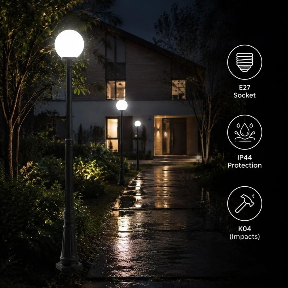 BARCELONA LED Lampa Ogrodowa Kula E27 2,10m IP44 Klasyczna | Ponadczasowy Styl,Dyfuzor Opalowy,IK04,Sześciokątna Podstawa,Odporna Żywica,Ogród Zewnętrzny