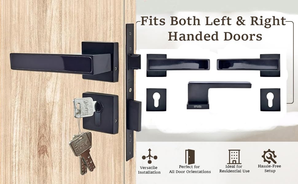Image of G Plus Modern Door Handle Set with Square Keyhole Cover Plate,Mortise Lock with Ultra Brass 3 Keys & Brass pin Cylinder-60MM,One Side Knob & one Side Keys,(OSK) (Z Black Glossy, 60MM)