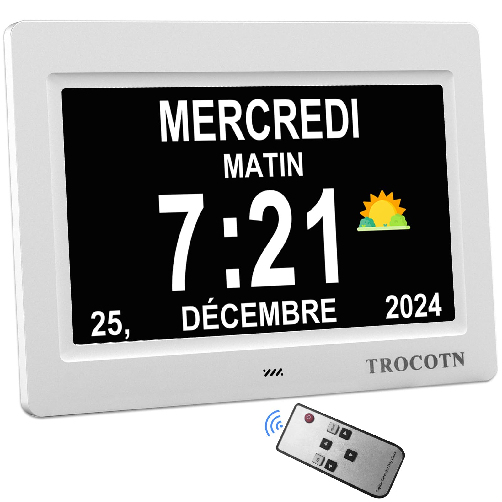 Horloge numérique seniors calendrier TROCOTN pour repérer le jour et la nuit au salon