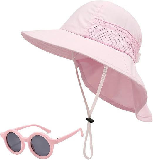 Baby Sun Hat Toddler Kids Boys Girls Wide Brim Beach Hats with Sunglasses UPF 50+ Plain Caps with Neck Flap