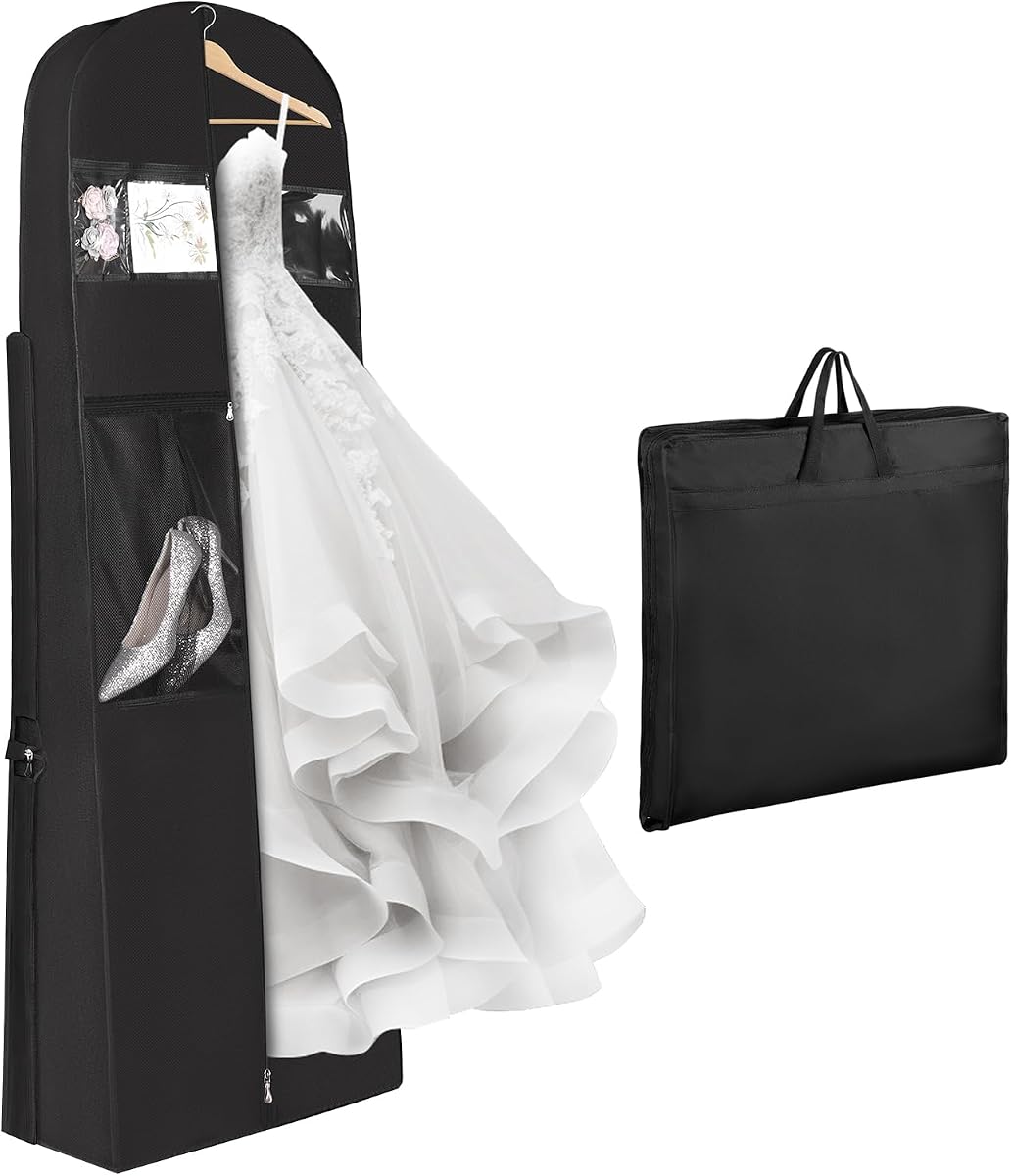 Univivi Portable Wedding Clothes Travel Bag for Airplane, 72 Inch, Black | Trifold Wedding Garment Bag, Large Accessory Pockets, Sturdy Handles, 12in Gusseted Travel Garment Bag for Evening Gowns