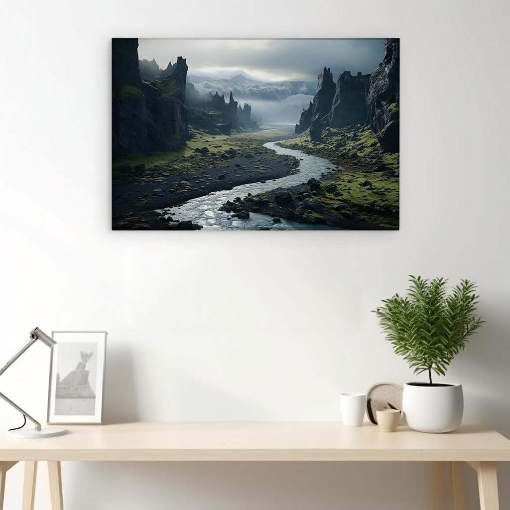 Art Wall: Serene River Meandering Through Lush Valley With Dramatic Rock Formations. Interior Art, Canvas Art Wall, Arts Wall Decoration Size: 69x46 cm (27x18 inch)
