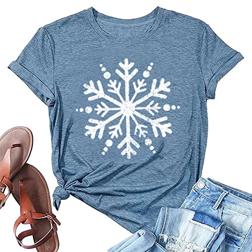Christmas Shirts for Women Cute Snowflake Graphic Shirts Short Sleeve Funny Print Tee