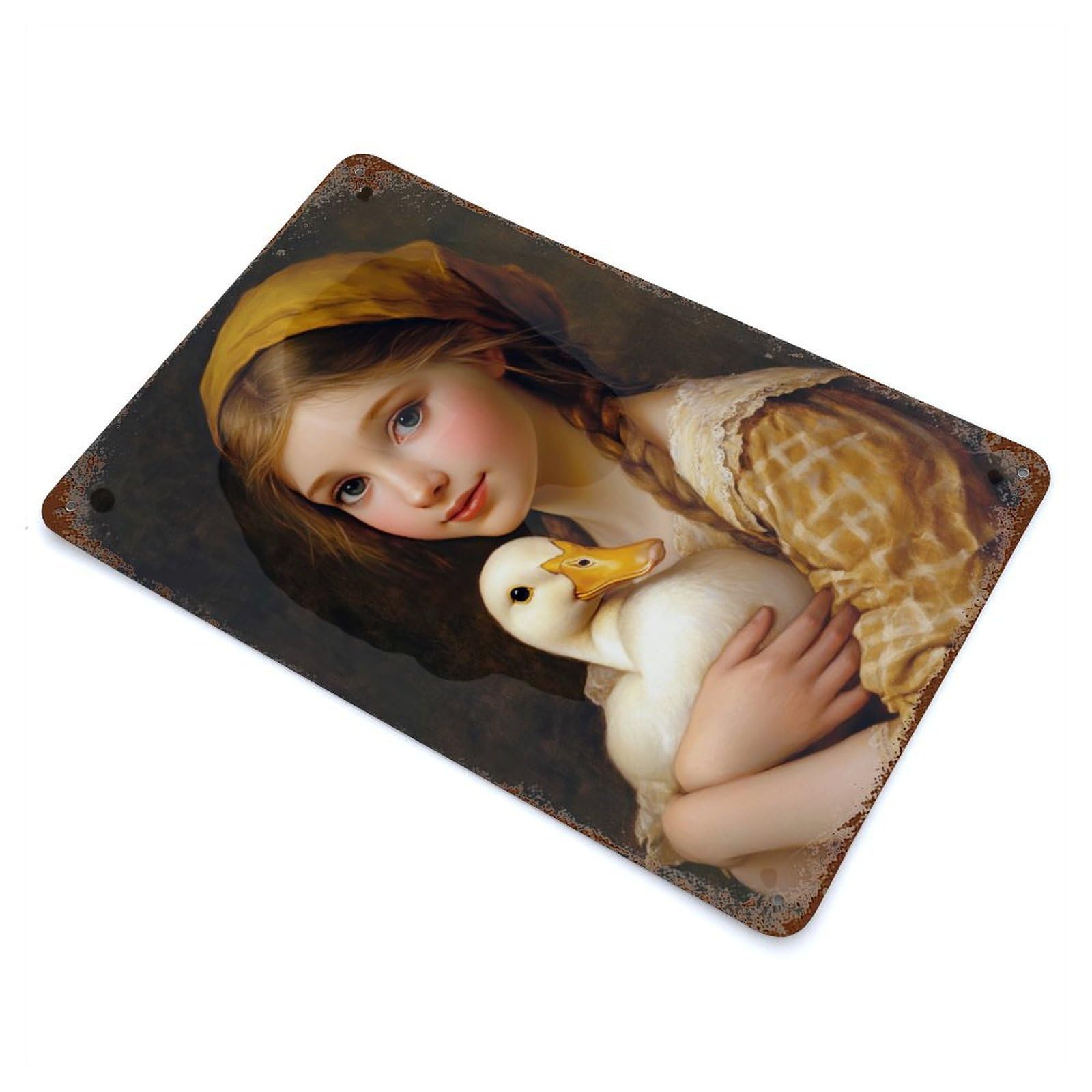 Vintage Rust Metal Sign with Girl with Duck Design 11.8"x7.9", for Garage, Bar And Workshop Decor, Retro Wall Decor