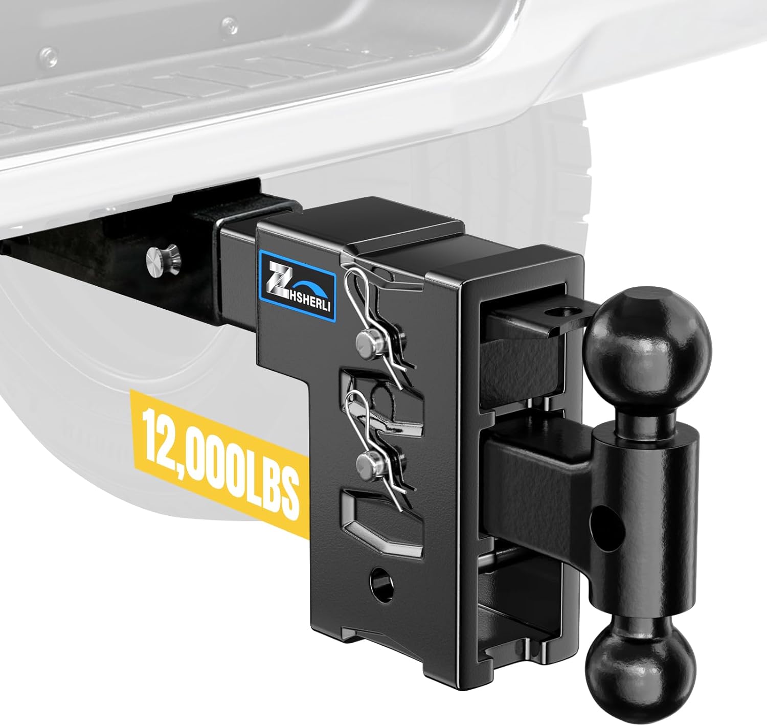 Adjustable Tow Hitch Fits 2" Receiver, Heavy Duty Trailer Hitch with 5" Drop/Rise, Dual Ball Mount (2-5/16" & 2"), 12,000 LBS GTW/1500 LBS TW, Drop Hitch for Trucks with Pintle Lock & Hitch Pin Lock