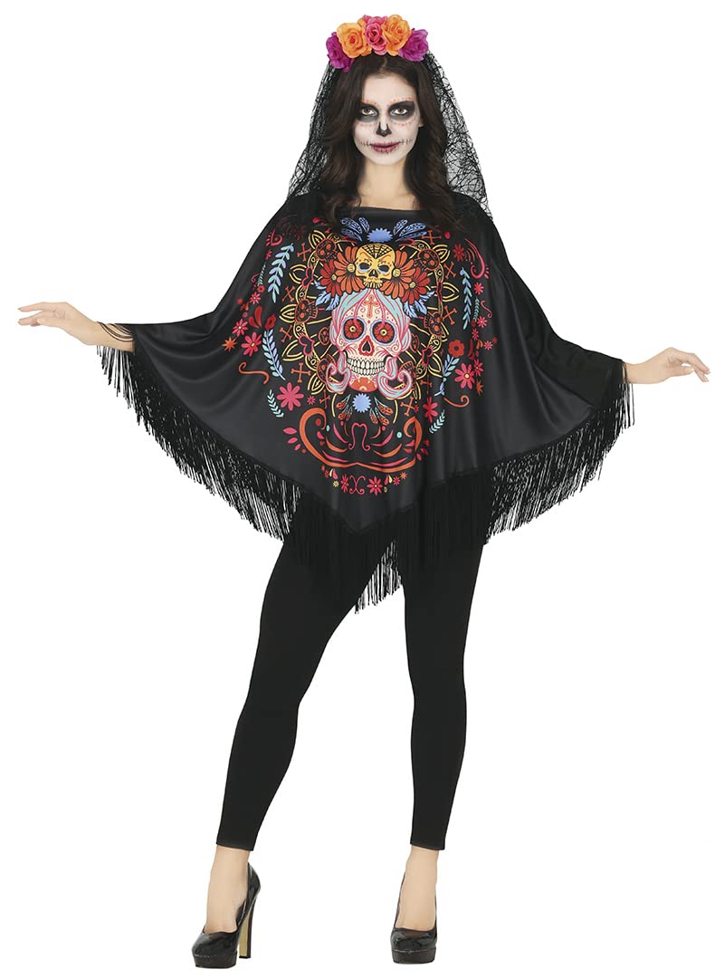 FIESTAS GUIRCA Day Of The Dead Poncho for Halloween Costume Adult Women - Skulls and Flowers Senorita Adults Fancy Dress Costumes Women Size M 10-12