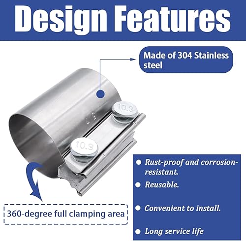 Vista 11 de Dianrui 2 bandas de abrazadera de acero inoxidable de 1.75 pulgadas; abrazadera de ensanchamiento universal de 1.75 pulgadas para sistema de escape