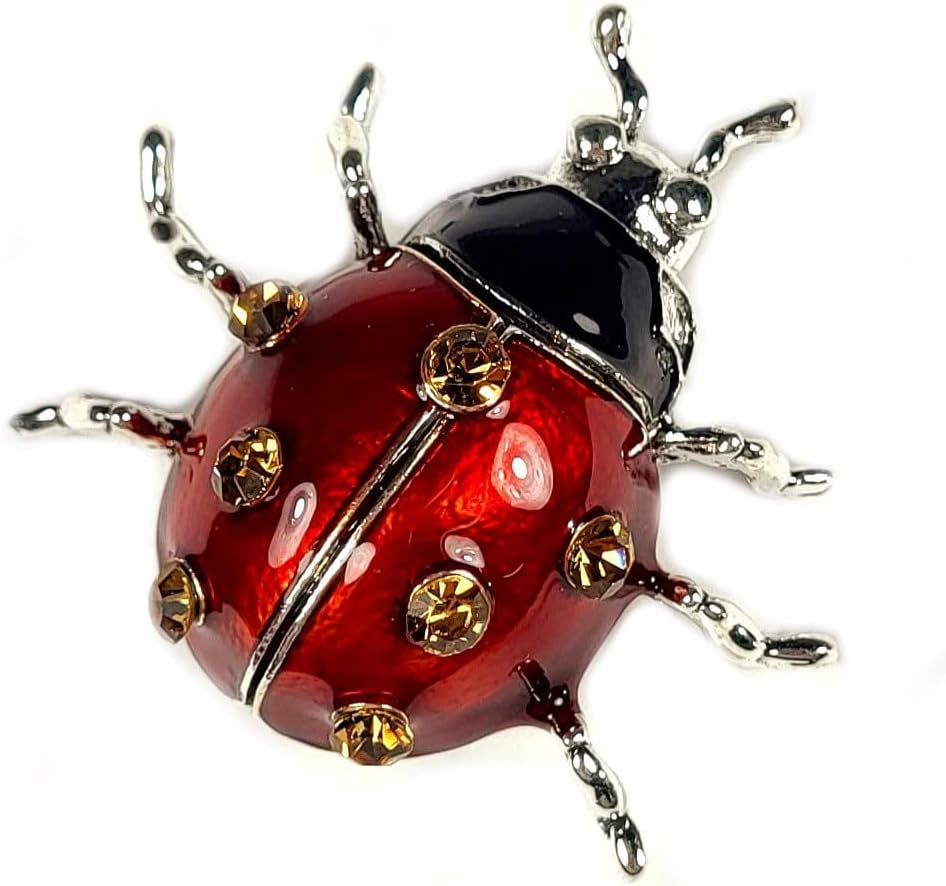 46mm Enamel Red Black LadyBug Brooch Golden Rhinestone Crystals in Metal Nature Wild Animal Fashion Badge Colorful Style Lapel Pin Jewellery Jewelry Gift + Marvelous Gift Box