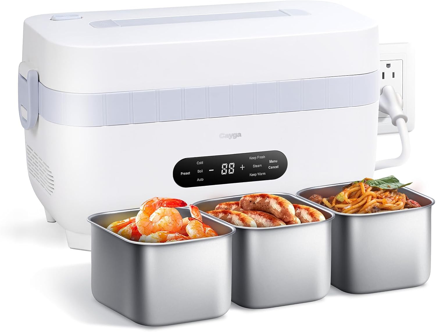 110V Plug-in Multi-Function Electric Cooling Lunch Box with 5.5-Cup Automatic Heating Portable Food Warmer with Removable Tray Divider for Office Work Travel (White)