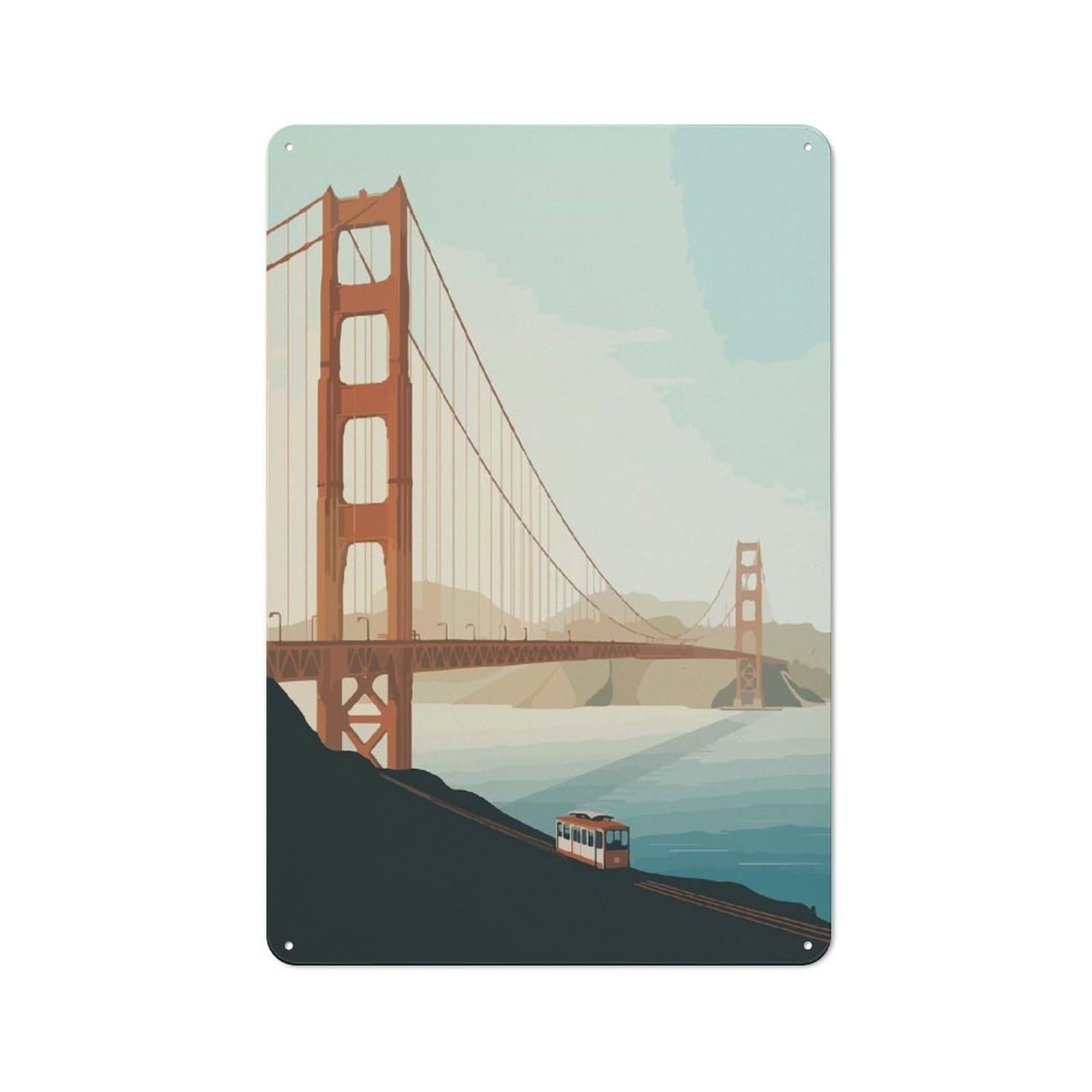 Junmoney Golden Gate Bridge And Cable Car Metal Wall Sign 30X20cm Featuring For Café Or Restaurant, A Decorative Metal Sign For Cafés And Restaurants