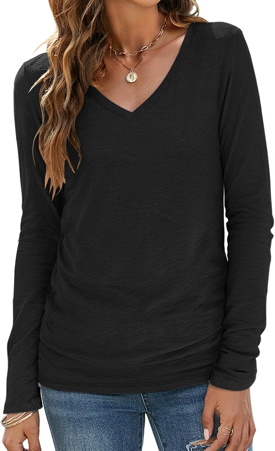 Sherosa Womens T Shirts V Neck Short/Long Sleeve Casual Tops Soft Solid Basic Tee