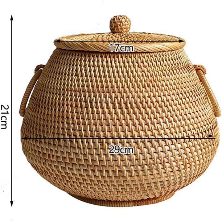 Rattan Tea Basket with Lid Round Storage Bin Organizer Hand Woven Serving Bowl Basket Natural Jar Wicker Pot Caddy for Coffee Candy Tea Snack Home Decoration