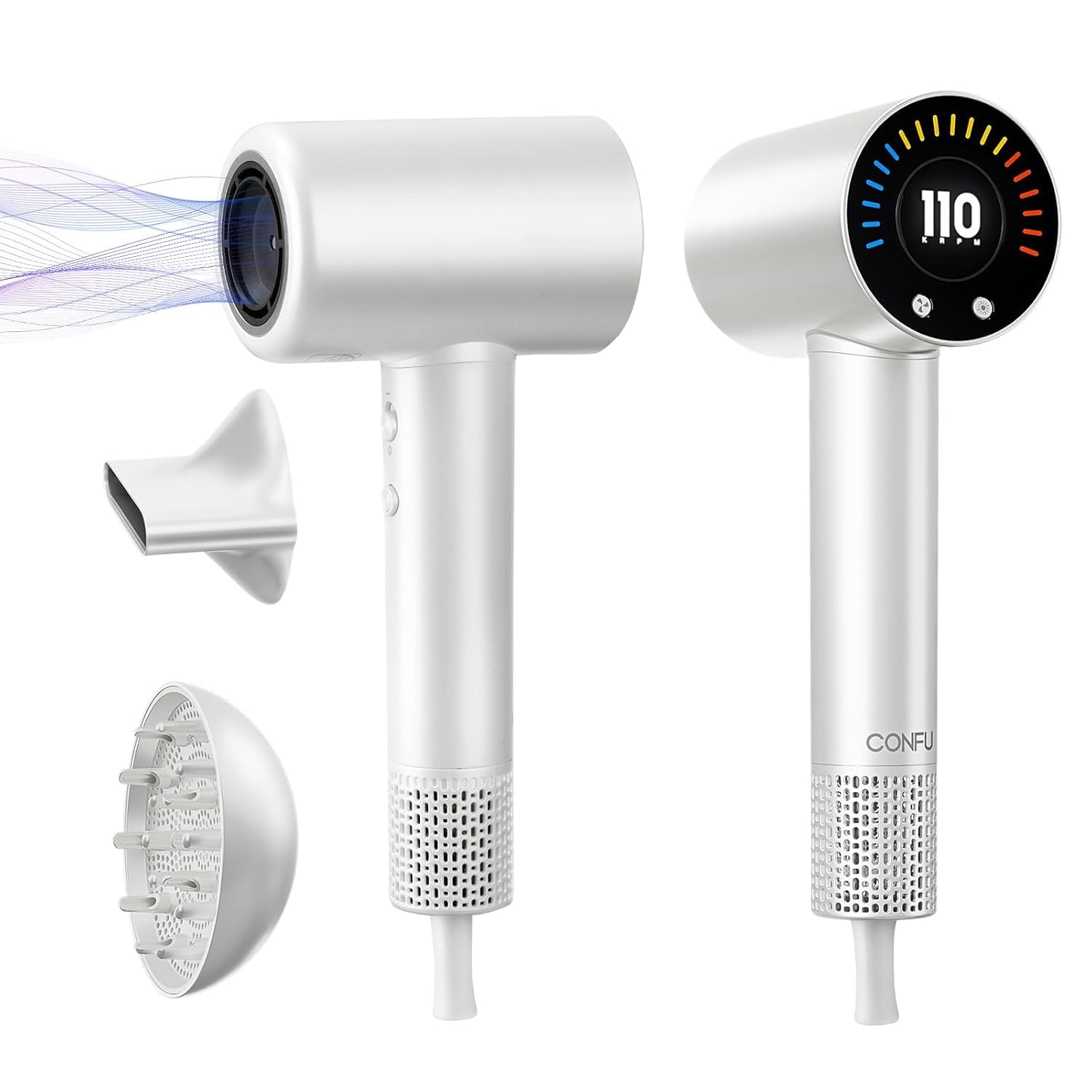 CONFU Hair Dryer, 110000 RPM Fast Drying Blow Dryer with Magnetic Diffuser and Concentrator, Professional Lightweight Ionic Hair Dryer for Women and Men White