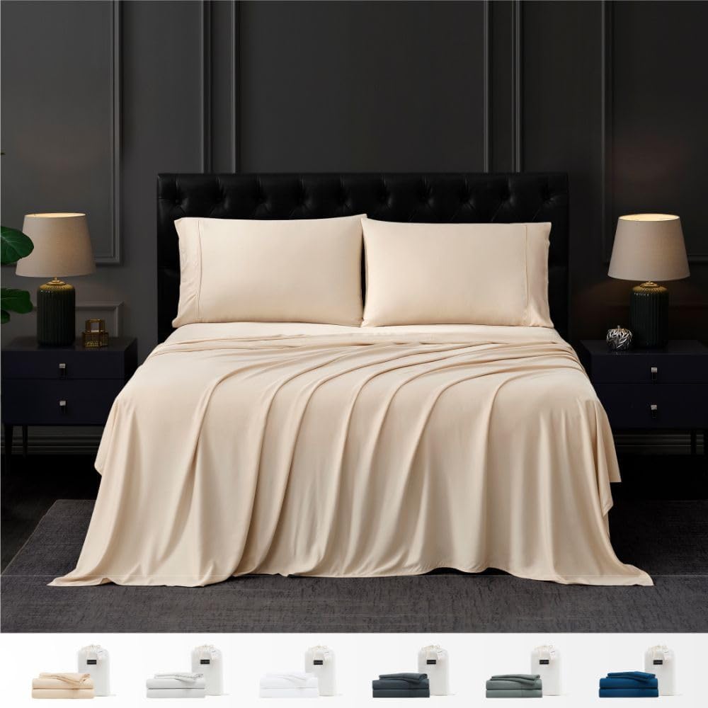 Coldest 100% Organic Viscose Derived from Bamboo Sheets, Luxury Ultra Soft & Cooling, Deep Pocket, Double Stitching - Ideal for Hot Sleepers - Queen Size 5 Pieces Set